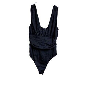 Lulus Black Plunge One Piece Swimsuit NWT Ruched Wrap Front Size M